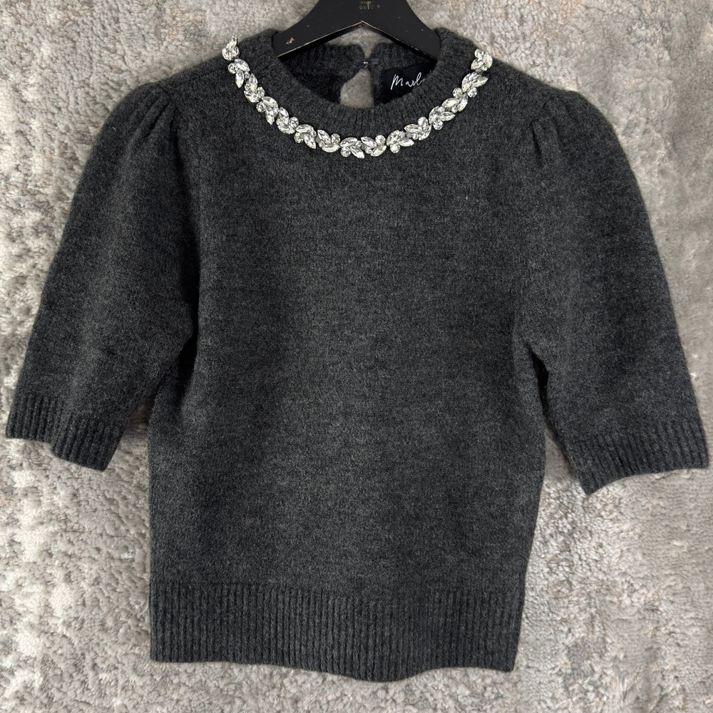 Marled Size XS Embellished Rhinestone Neck Puff Sleeve Sweater Gray Short Sleeve